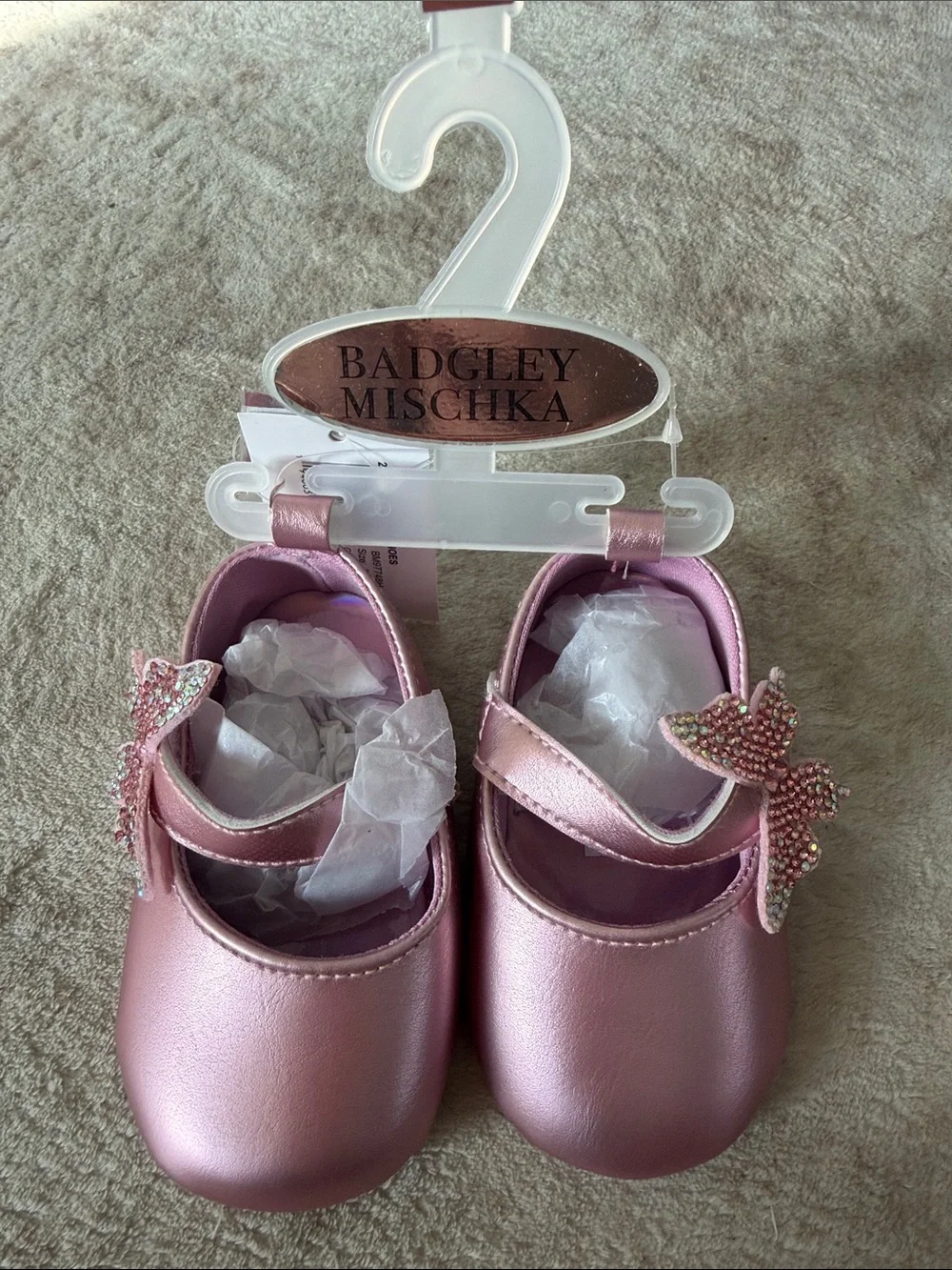 Badgley Mischka Metallic Pink Baby Mary Jane Shoes with Crystal Butterfly